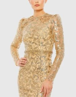 Embellished High Neck Long Sleeve Gown -Fashion Dress Shop 68011 Gold CL