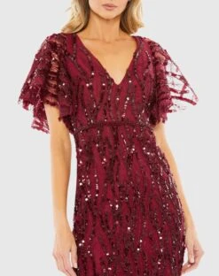 Sequin Embroidered Butterfly Sleeve Dress -Fashion Dress Shop 68013 Burgundy CL