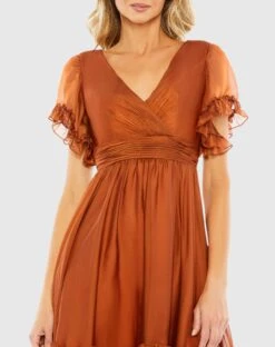 Tea Length Ruffled Dress W/ Sheer Flutter Sleeves -Fashion Dress Shop 68018 Rust CL scaled