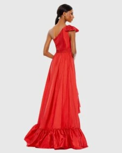 Bow One Shoulder Ruffle Asymmetrical Hem Gown -Fashion Dress Shop 68027 Red BK