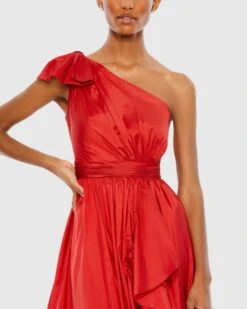Bow One Shoulder Ruffle Asymmetrical Hem Gown -Fashion Dress Shop 68027 Red CL