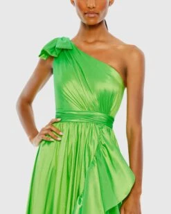 Bow One Shoulder Ruffle Asymmetrical Hem Gown -Fashion Dress Shop 68027 SpringGreen CL