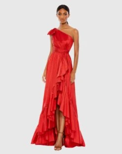 Bow One Shoulder Ruffle Asymmetrical Hem Gown -Fashion Dress Shop 68027 RED Default 1 WS