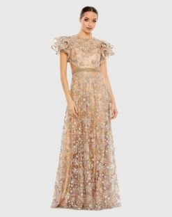 Embellished Butterfly Sleeve Cut Out Gown