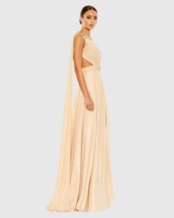 Float One Shoulder Open Back Flowy Gown -Fashion Dress Shop 68053 GoldNude AS