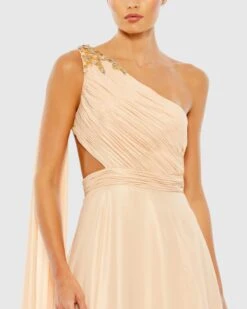 Float One Shoulder Open Back Flowy Gown -Fashion Dress Shop 68053 GoldNude CL