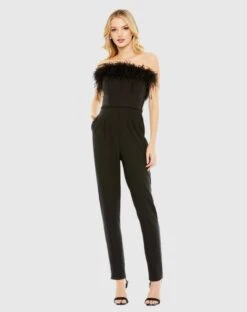 Strapless Jumpsuit With Feather Trim