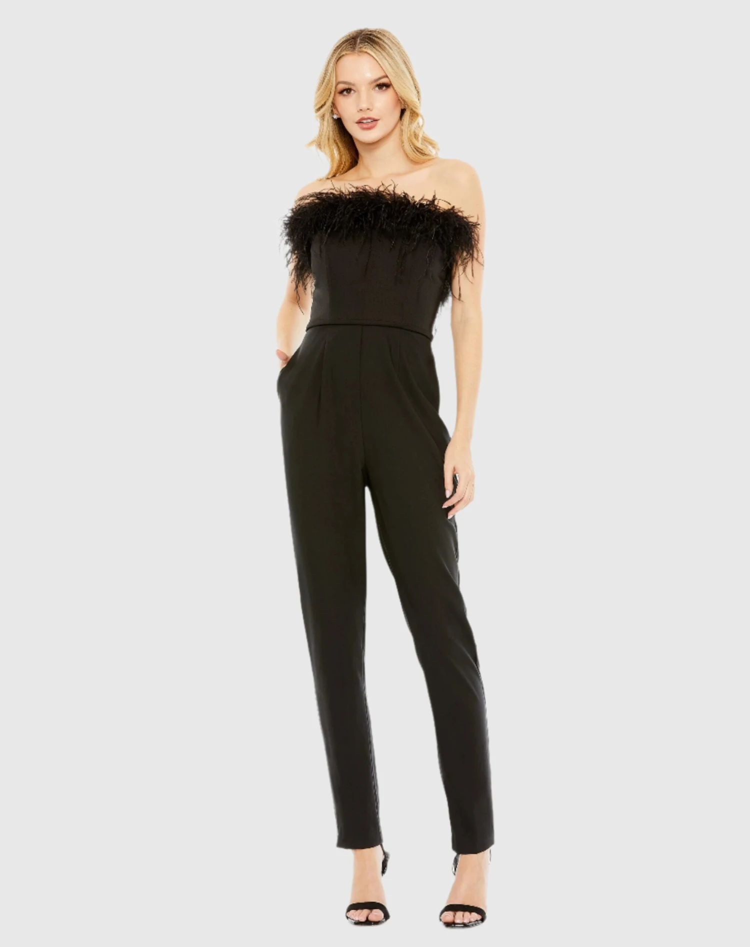 Strapless Jumpsuit With Feather Trim 1 Strapless Jumpsuit With Feather Trim