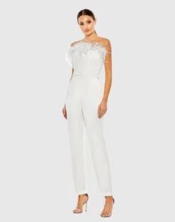 Strapless Jumpsuit With Feather Trim 9 Strapless Jumpsuit With Feather Trim -Fashion Dress Shop 68146 White AB scaled