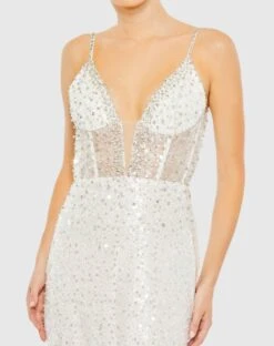 Embellished Plunge Neck Sleeveless Trumpet Gown -Fashion Dress Shop 68175 White CL scaled