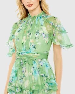 Floral Print Chiffon Cascading Ruffle Raglan Gown -Fashion Dress Shop 68216 GRM 3 WS