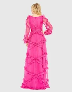 Cascading Ruffle Puff Sleeve A Line Gown 10 Cascading Ruffle Puff Sleeve A Line Gown -Fashion Dress Shop 68223 Fuchsia BK