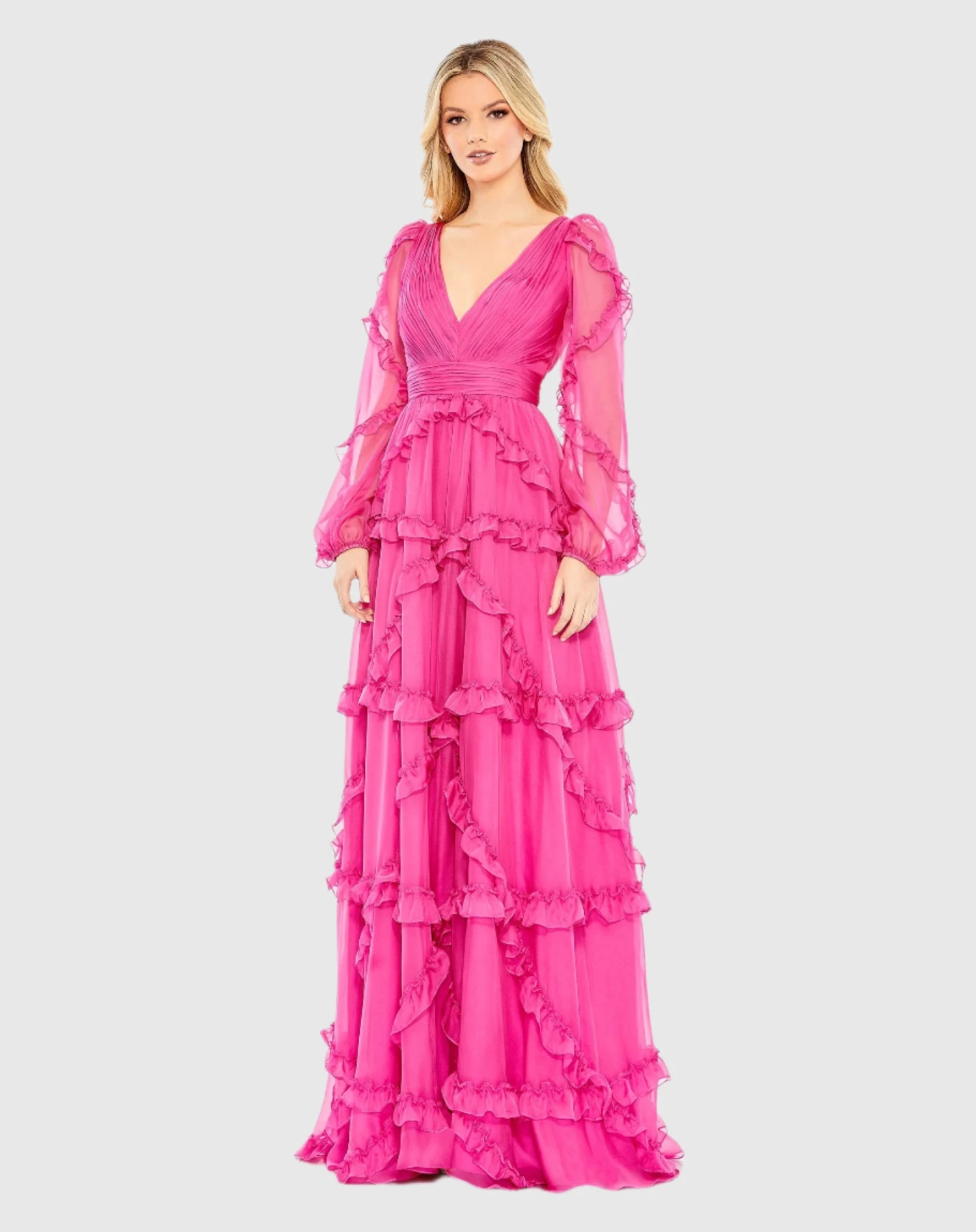 Cascading Ruffle Puff Sleeve A Line Gown 4 Cascading Ruffle Puff Sleeve A Line Gown - Image 4