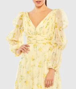 Floral Print Chiffon Illusion Tiered Puff Dress -Fashion Dress Shop 68246 YellowMulti CL