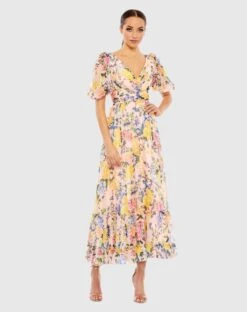 Floral Print Chiffon Puff Sleeve Tiered Hem Dress
