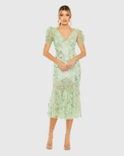 Puff Sleeve V Neck Floral Embellished Dress