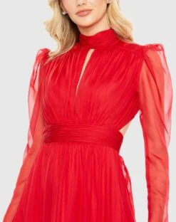 Chiffon High Neck Keyhole Puff Sleeve Lace Up Gown -Fashion Dress Shop 68400 RED 3 WS