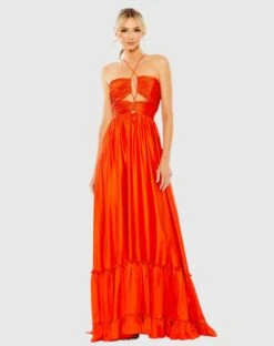 Ruched Tiered Criss Cross Spaghetti Strap Gown