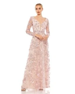 Floral Applique Long Sleeve Illusion Gown
