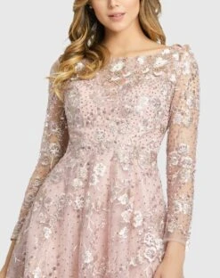Long Sleeve Floral Embroidered Tea Length Dress -Fashion Dress Shop 70229 ROS 3 WS