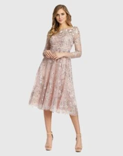 Long Sleeve Floral Embroidered Tea Length Dress