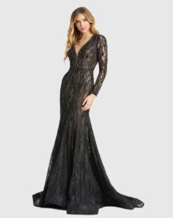 Beaded Illusion Long Sleeve Plunge Neck Gown -Fashion Dress Shop 79291D BlackNude AB
