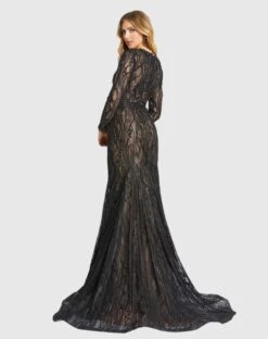 Beaded Illusion Long Sleeve Plunge Neck Gown -Fashion Dress Shop 79291D BlackNude BK