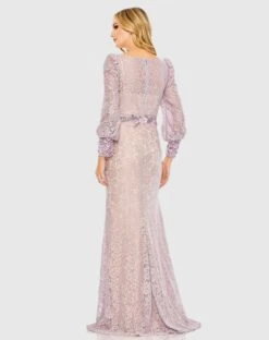 Lace Long Sleeve V Neck Embellished Gown -Fashion Dress Shop 79397 VTL 2 WS