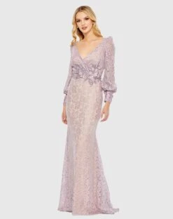 Lace Long Sleeve V Neck Embellished Gown -Fashion Dress Shop 79397 VTL Default 1 WS