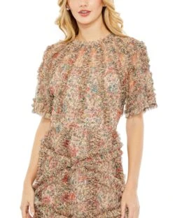 Floral Flutter Sleeve Mesh Print Dress -Fashion Dress Shop 8010 BeigeMulti CL