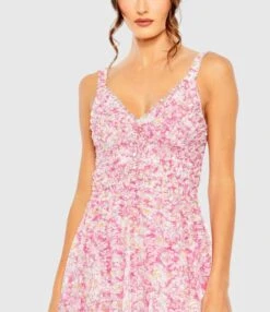 Mesh V-Neck Floral Print Dress 5 Mesh V-Neck Floral Print Dress -Fashion Dress Shop 8012 PinkMulti CL