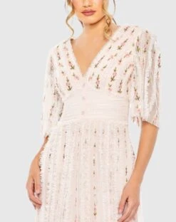 Floral V-Neck Ruffle Detail Empire Waist Gown -Fashion Dress Shop 8028 BlushMulti CL