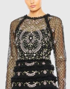 Long Sleeve Swiss Dot Embroidered Floral Ruffle Tiered Gown -Fashion Dress Shop 8030 BMU 3 WS