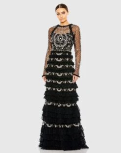 Long Sleeve Swiss Dot Embroidered Floral Ruffle Tiered Gown