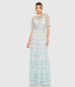 High Neck Ruffle Tiered Floral Gown