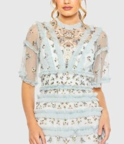 High Neck Ruffle Tiered Floral Gown -Fashion Dress Shop 8033 BlueMulti CL