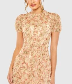 High Neck Floral Mesh Ruffle Dress 7 High Neck Floral Mesh Ruffle Dress -Fashion Dress Shop 8045 BeigeMulti CL