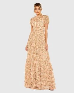 High Neck Floral Mesh Ruffle Dress