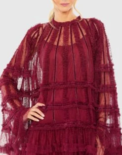 High Neck Ruffle Bell Sleeve Trapeze Dress 8 High Neck Ruffle Bell Sleeve Trapeze Dress -Fashion Dress Shop 8053 Crimson CL