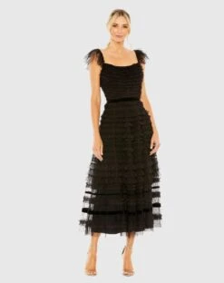 Ruffle Cap Sleeve Embellished Tiered Midi Dress -Fashion Dress Shop 8054 BLK Default 1 WS