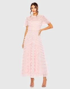 High Neck Short Sleeve Tiered Ruffle A Line Dress