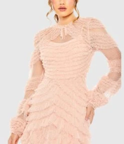 High Neck Puff Long Sleeve Ruffle Tiered Gown -Fashion Dress Shop 8057 Porcelain CL