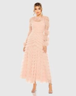 High Neck Puff Long Sleeve Ruffle Tiered Gown
