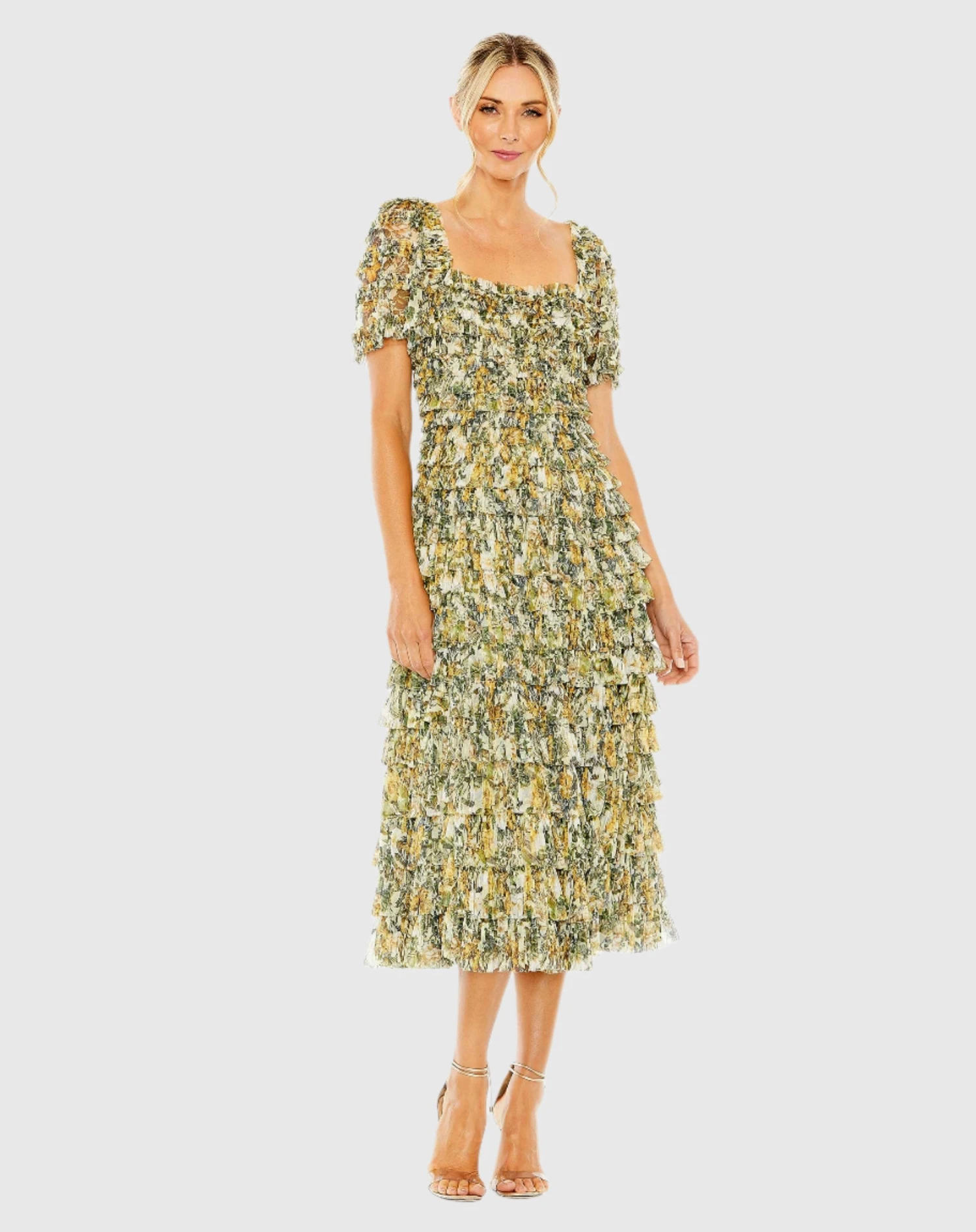 Short Sleeve Micro Ruffle Tea Length Dress 1 Short Sleeve Micro Ruffle Tea Length Dress