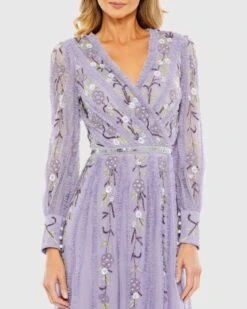 Long Sleeve Embroidered Wrap Midi Dress -Fashion Dress Shop 9133 LIL 3 WS