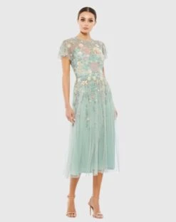 Embellished Illusion High Neck Butterfly Sleeve Midi Dress