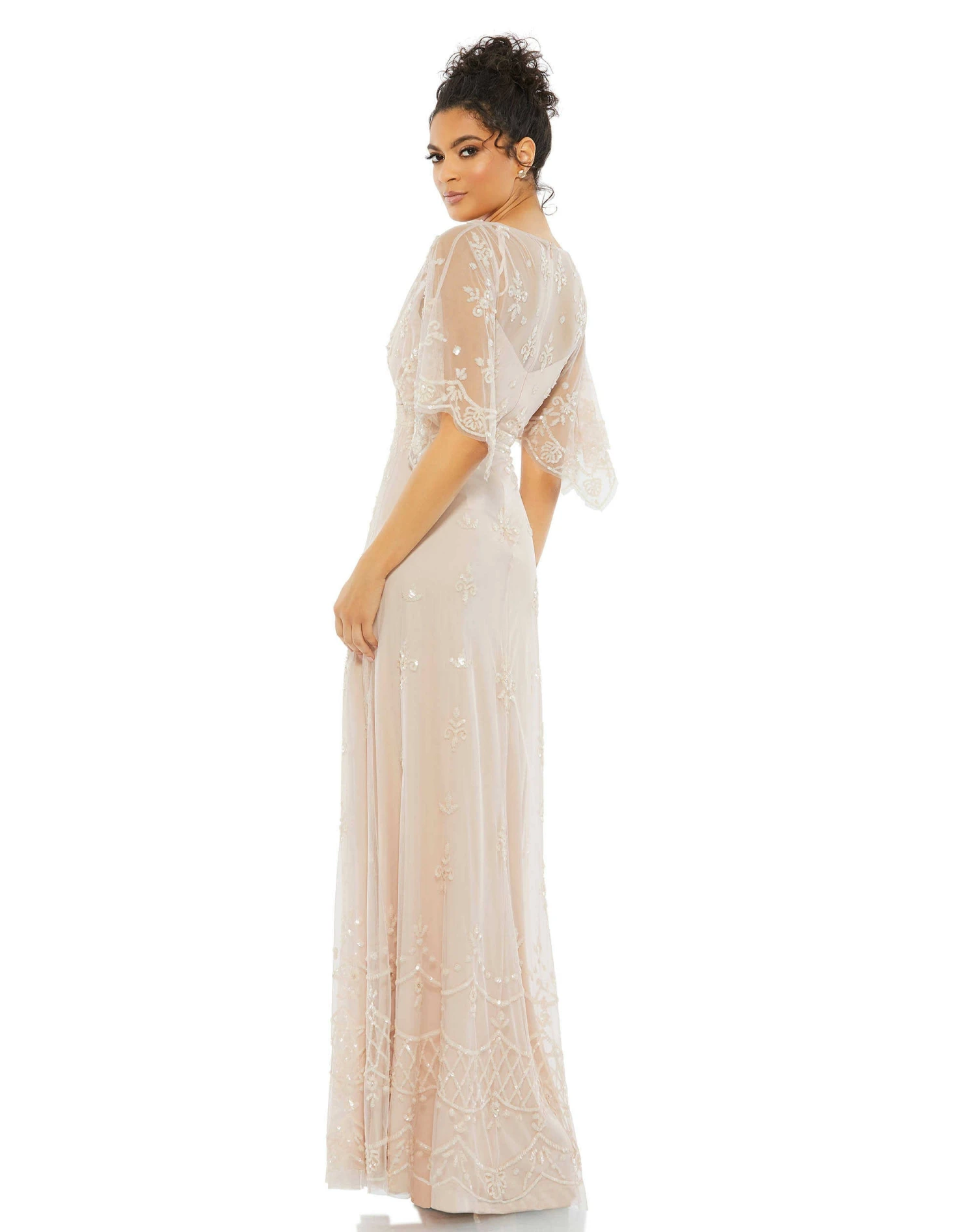 V Neck Flutter Sleeve Embellished Mesh Gown 2 V Neck Flutter Sleeve Embellished Mesh Gown - Image 2