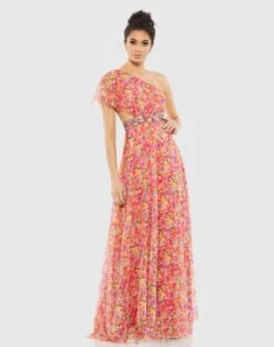 Floral Print One Shoulder Butterfly Sleeve A Line Gown