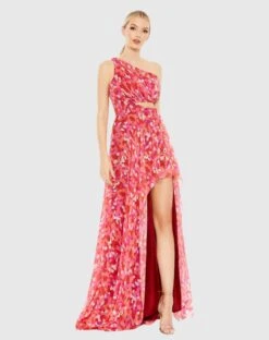 Printed One Shoulder Cut Out Hi-Lo Gown