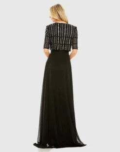 Chiffon Gown W/ Fully Beaded 1/4 Sleeve Top -Fashion Dress Shop 9180 Black BK scaled